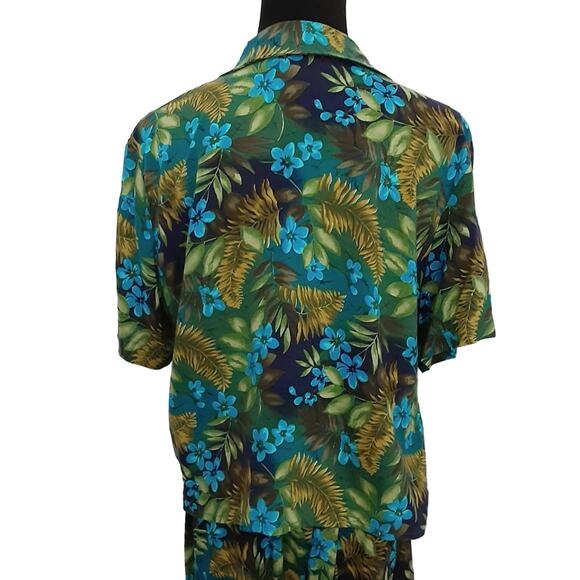 Vintage 80s Hawaiian Floral Two Piece Set High Rise Mini Skirt Button Crop Top L - Picture 5 of 14